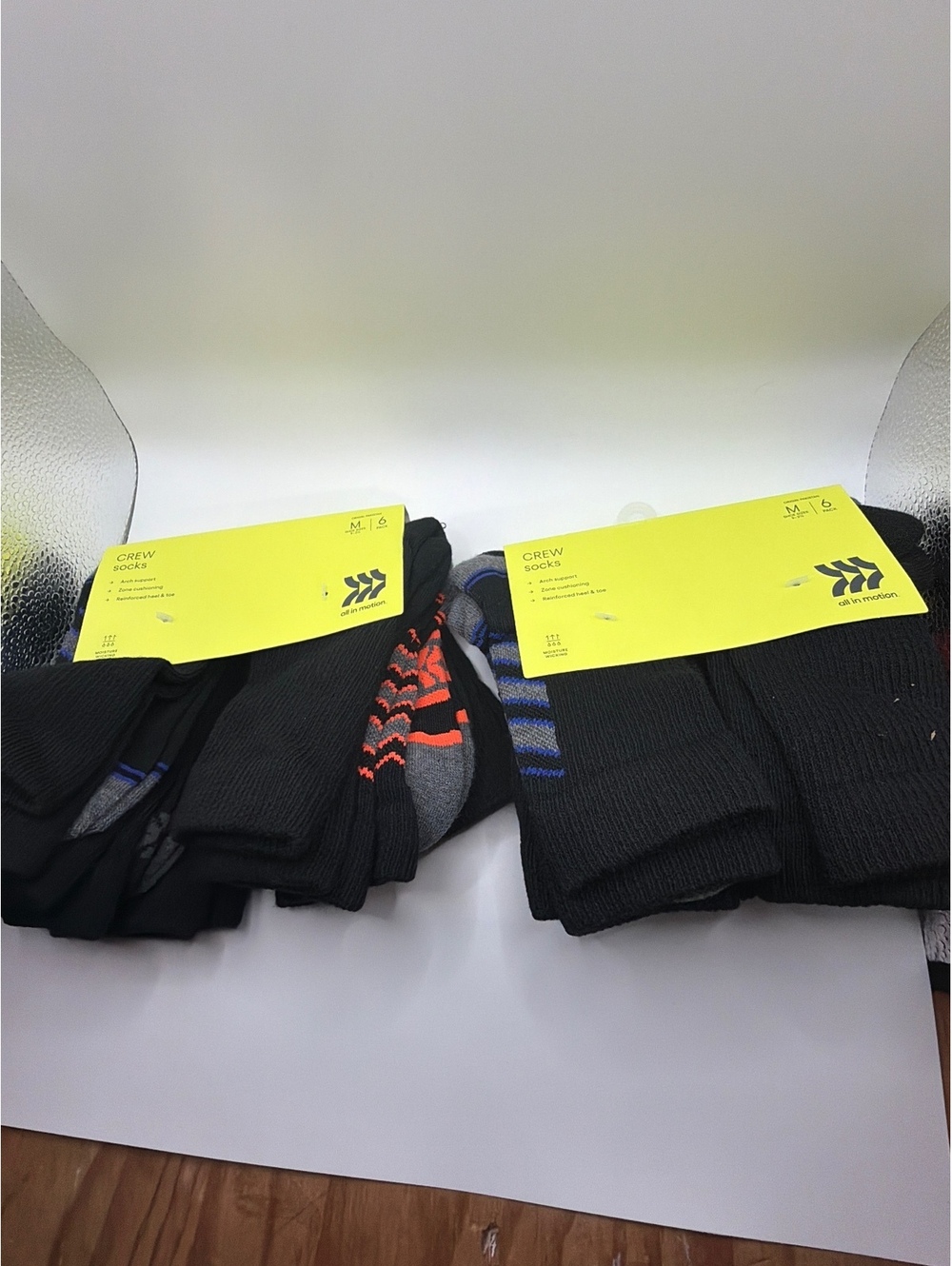 Lot of 2 All in Motion Crew Socks 6 Pack Medium 9-2.5 Black Multi Color Accents